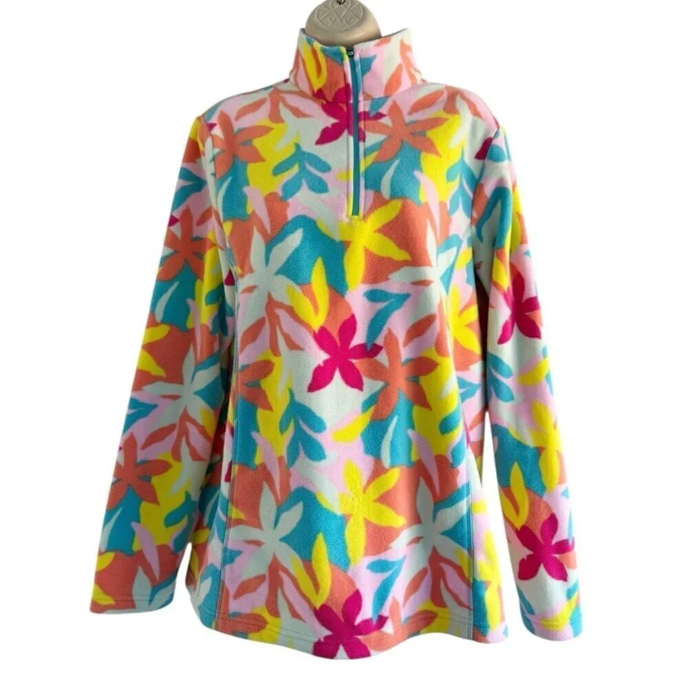 Land's End Womens Sz M/T Starfish Multi Color Bright Fleece Quarter Zip Pullover